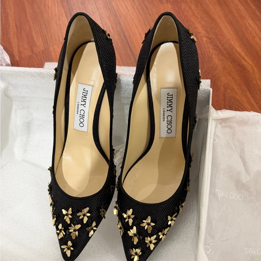 Jimmy Choo Black Heels with Gold Floral Design